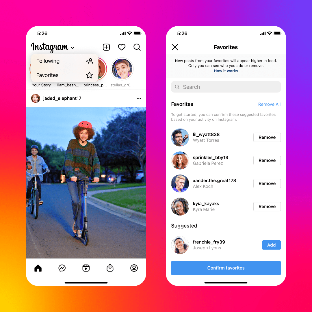 Product mocks of Favorites and Following on Instagram